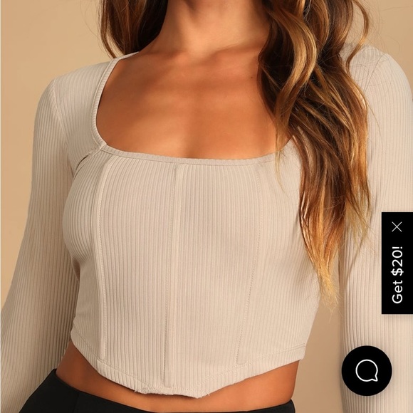 Lulus Flair for the Flirty Beige Ribbed Long Sleeve Bustier Crop Top - Picture 3 of 3
